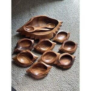 Vintage Hand Carved COMPLETE Wooden Crab Bowl Salad Serving Set W/ Utensils